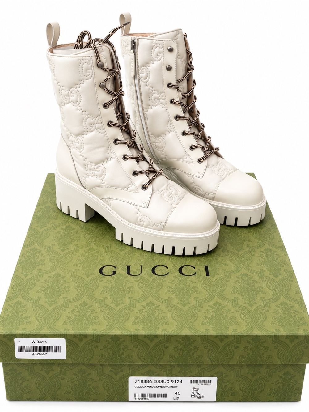 Gucci Womens Leather Monogram GG Quilted Combat Boots White Size EUR 40 NWT